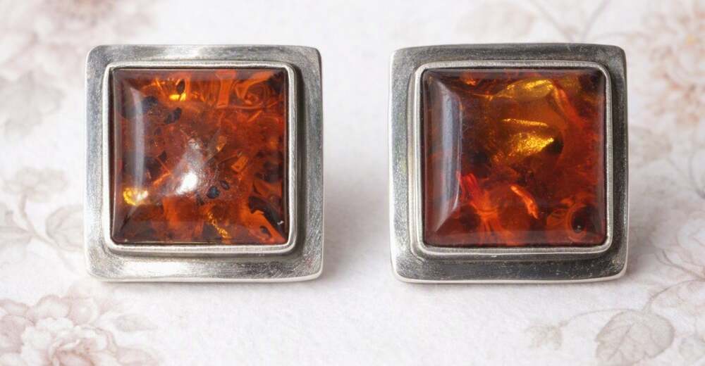 Sterling Silver Amber Clip-On Earrings 3/4 Inch Square Vintage Stamped BC